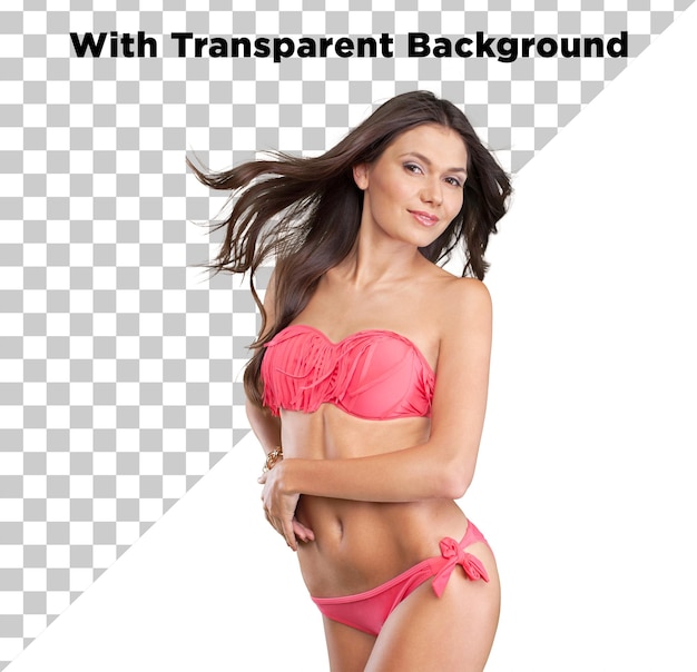 Junge schlaue Dame in rosa Bikini oder Badeanzug PNG PSD isoliert auf durchsichtigem Hintergrund