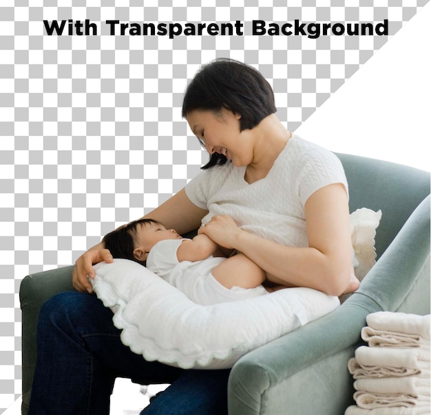 Junge schöne Mutter stillt ihr Baby auf der Couch PNG PSD Isolierter durchsichtiger Hintergrund