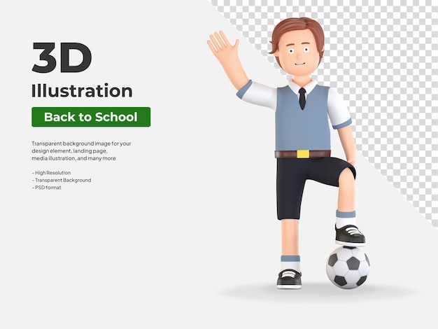 Junge schüler spielen fußball 3d-cartoon-illustration