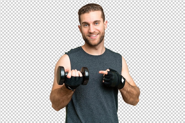 Junge Sportmann macht Gewichtheben über isolierten Chroma-Schlüssel-Hintergrund und zeigt es