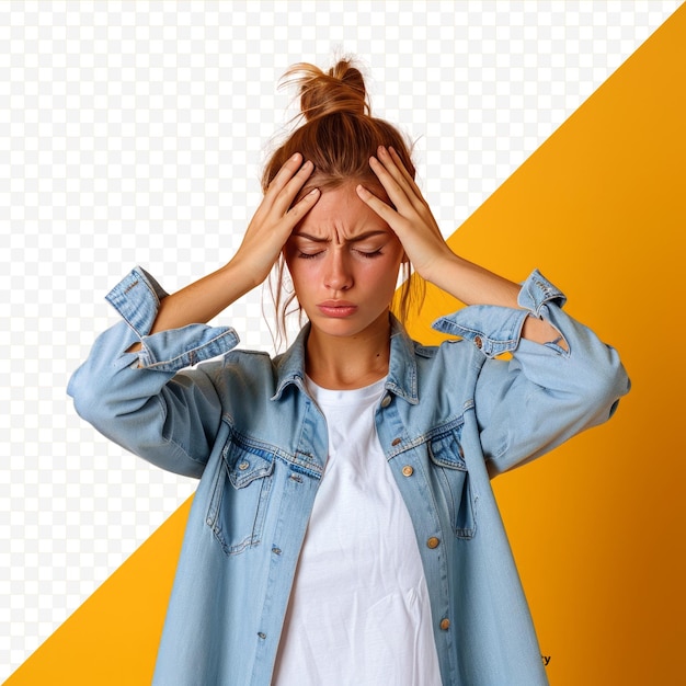 Junge überdenkende kranke depressive gestresste traurige müde frau in den zwanzigern trage casual stilvolles denimhemd weißes t-shirt klemmende nase brücke habe kopfschmerzen isoliert auf gelber farbe isoliert hintergrund st