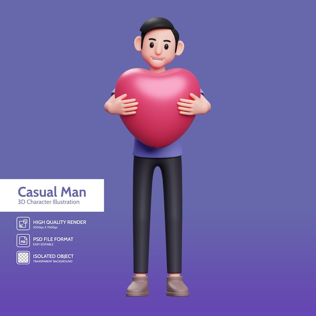 Junge umarmt rosa Herz 3D-Charakterillustration, Junge feiert Valentinstag 3D-Illustration