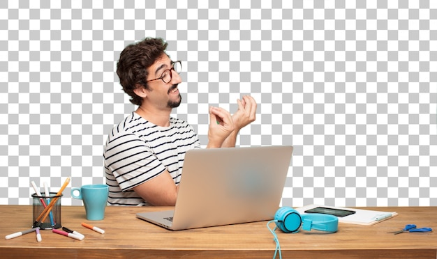 Junger bärtiger Mann Grafikdesigner. Capisci italienisches Zeichen