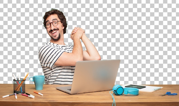 Junger bärtiger Mann Grafikdesigner. triumth Zeichenkonzept
