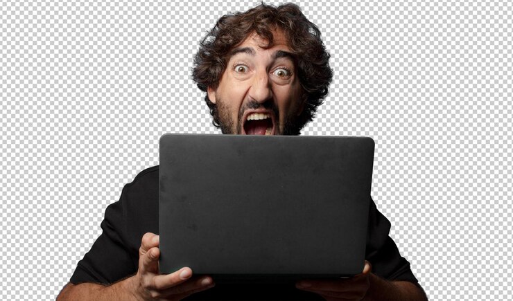 PSD junger bärtiger verrückter mann mit einem laptop