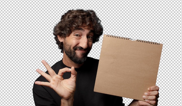 junger bärtiger verrückter Mann mit einem leeren Notizbuchdeckel