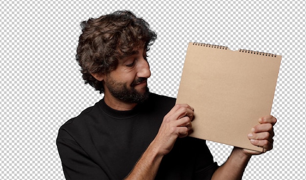 junger bärtiger verrückter Mann mit einem leeren Notizbuchdeckel