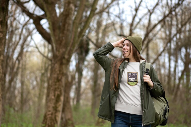 PSD junger erwachsener, der waldbekleidungst-shirt trägt