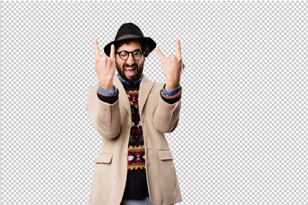 Junger Hippie-Mann, der Gesten macht