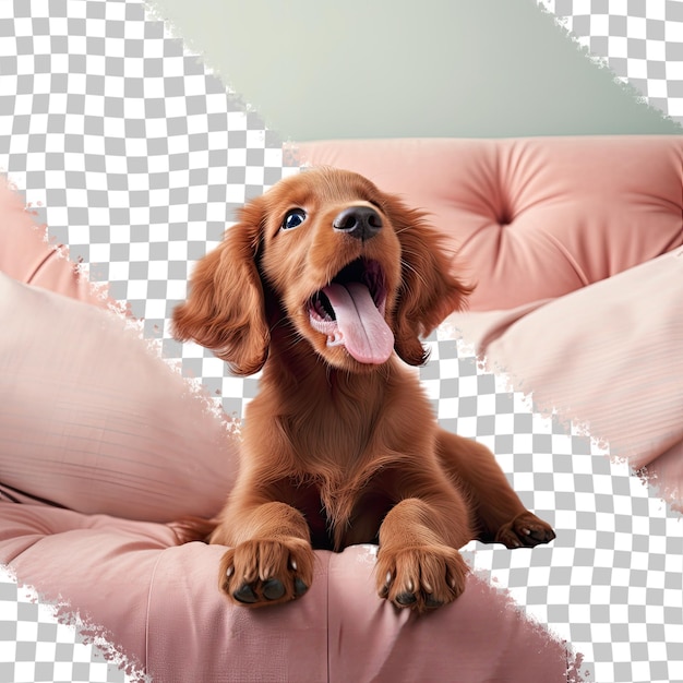 Junger Irish-Setter-Welpe ruht gähnend neben seinem Besitzer auf dem Sofa