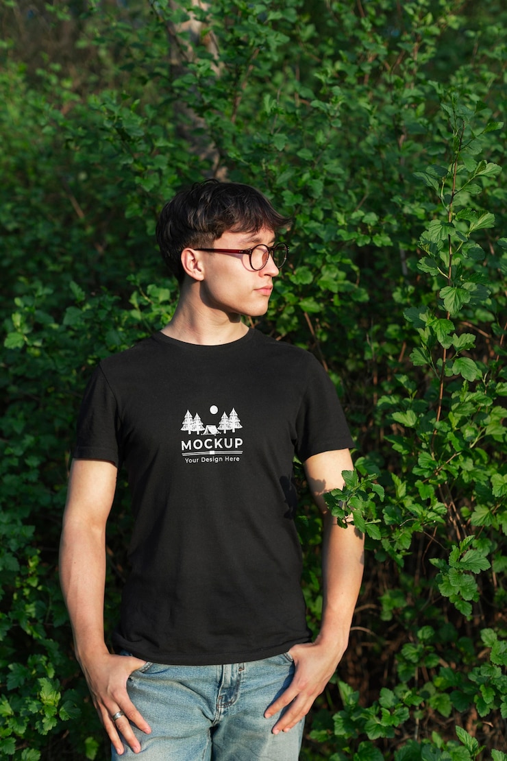 PSD junger mann, der ein mock-up-t-shirt in der natur trägt