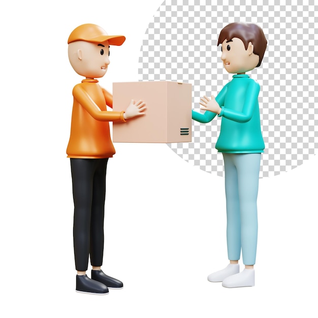 Junger Mann erhält Karton vom Lieferservice Kurier E-Commerce-Konzept Online-Shopping und Lieferservice auf mobiler Anwendung Webseite App-Design 3D-Rendering