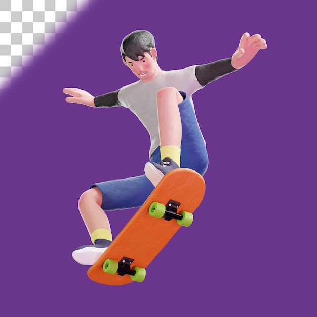 Junger Mann springt mit Skateboard 3D-Illustration