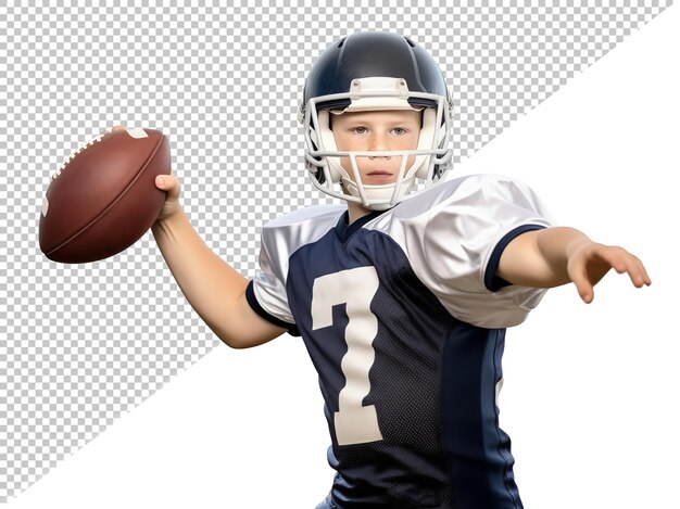 Junges kind in american-football-uniform wirft einen ball