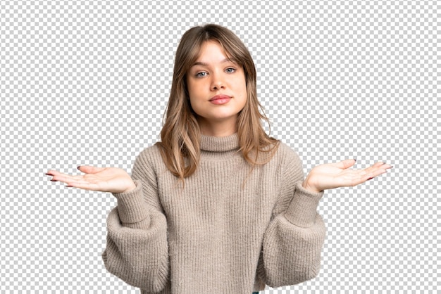 Junges Mädchen über isolierten Chromakey-Hintergrund mit Zweifeln
