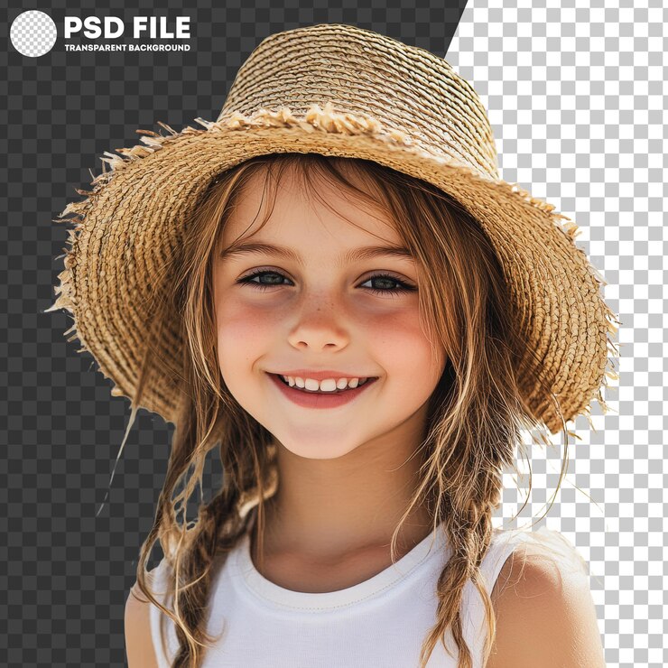 PSD junges png-mädchen lächelt im freien in einem strohhut