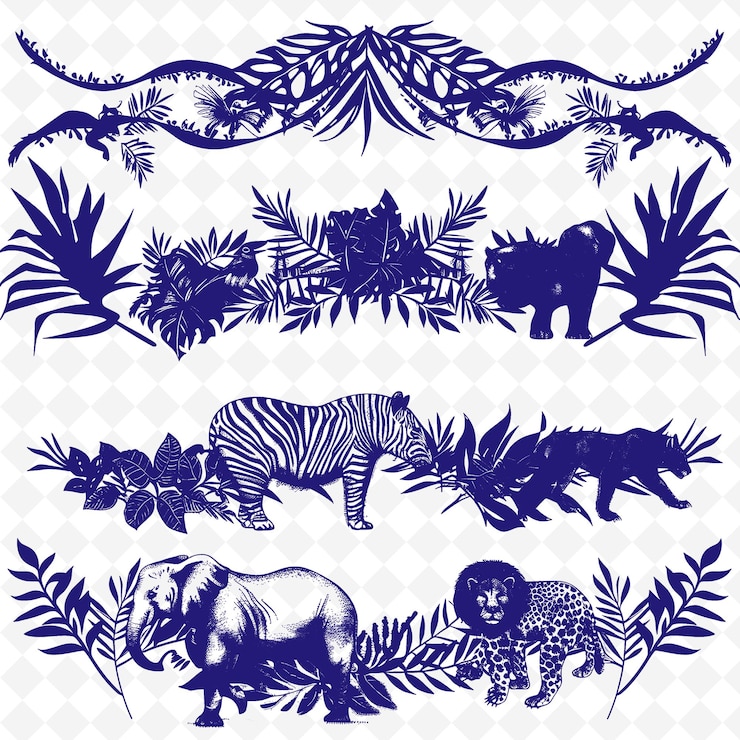 PSD jungle borderlines design with leaf and animal decorations i png unique stylized motifs designs