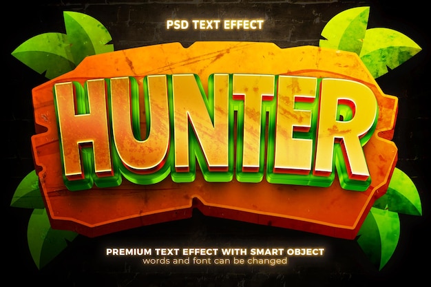 PSD jungle forest hunter cartoon 3d editierbarer texteffekt auf dschungel-hintergrund-attrappe