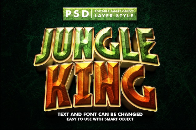 Jungle king 3d efeito de texto realista psd premium com objeto inteligente