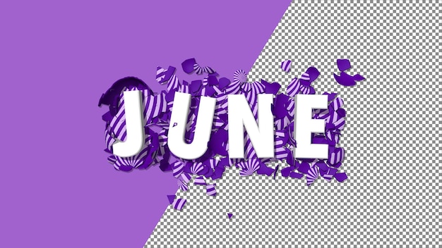 Juni Lila Farbe 3D-Text isoliert auf Ostern Gebrochene Eier, Monate Name 3D-Rendering