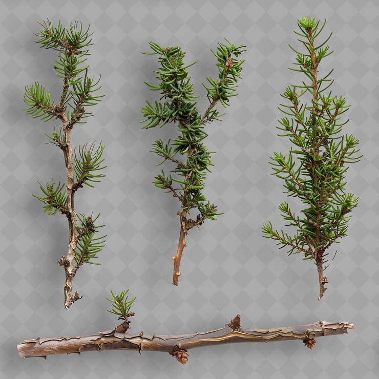 PSD juniper branches with sharp needle like leaves and thick stu isolated top object of tropical plant