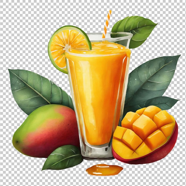 PSD jus de mangue dans un verre avec des tranches de mangue et des feuilles