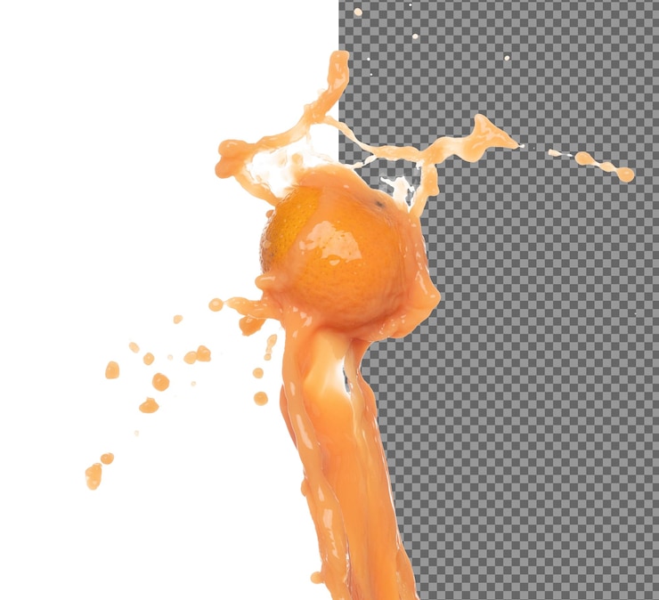 PSD le jus d'orange s'écoule dans la ligne de forme de la forme de l'orange juteuse frappe le fruit plein flottant explosion dans l'air éclaboussure d'eau liquide renversement comme une goutte d'explosion fond blanc stop motion isolé gel