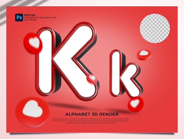 K Alfabeto 3d Render color rojo con elementos