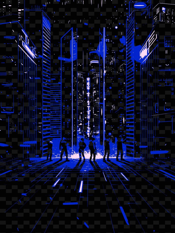 PSD k pop group actuando en un paisaje urbano futurista con diseños de carteles musicales de ilustración de neón l