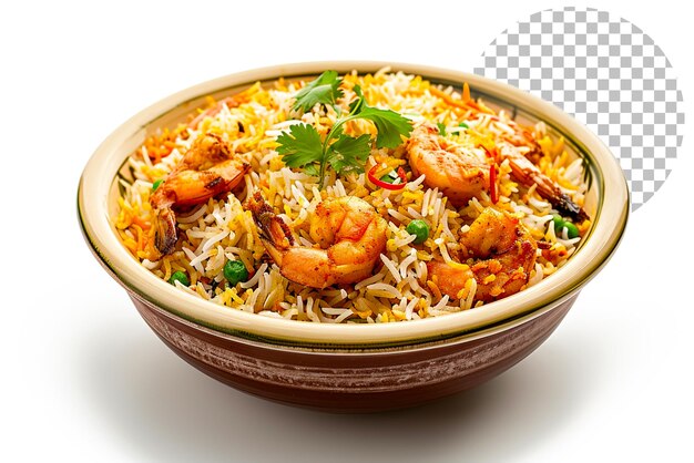 PSD kachchi biriyani con camarón de pollo y especias de dhaka en un fondo transparente