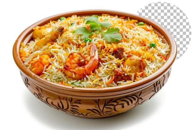 PSD kachchi biriyani con camarón de pollo y especias de dhaka en un fondo transparente