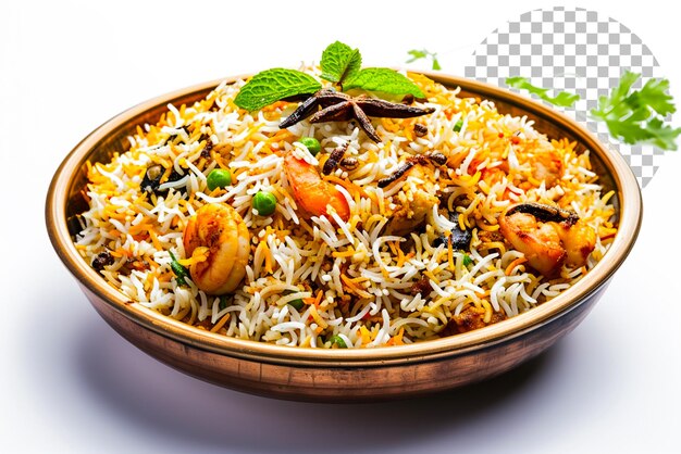 PSD kachchi biriyani con camarón de pollo y especias de dhaka en un fondo transparente