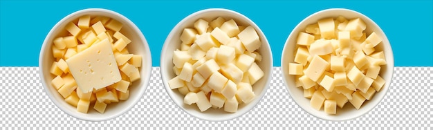 Käse auf weißer Schüssel, Draufsicht mit transparentem Hintergrund, generative KI-Technologie