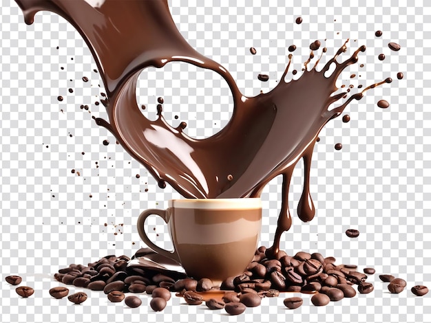 Kaffee-splash mit kaffeekuppe und bohnen