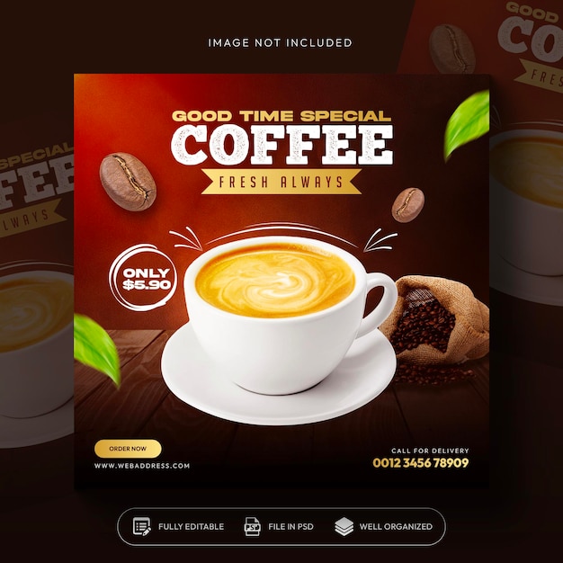 Kaffee- und Getränkemenu-Promotion in sozialen Medien Instagram-Post-Banner-Vorlage-Design