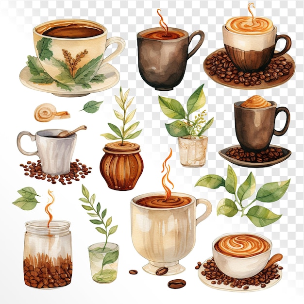 PSD kaffee und tee clipart im stil von aquarell auf weißem hintergrund