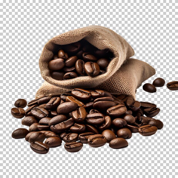 PSD kaffeebohnen, die aus einem sack auf einem durchsichtigen hintergrund verschüttet werden