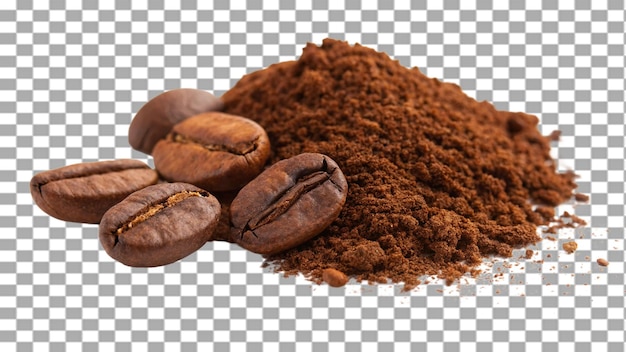 Kaffeebohnen und gemahlener Kaffee auf durchsichtigem Hintergrund