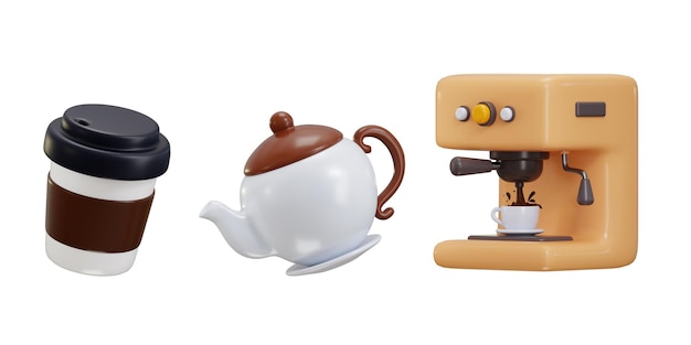 Kaffeemaschine mit Kaffeekuppen-Ikonensatz 3D-Rendering-Konzept der Kaffeeshop-Ikonen Vektorillustration