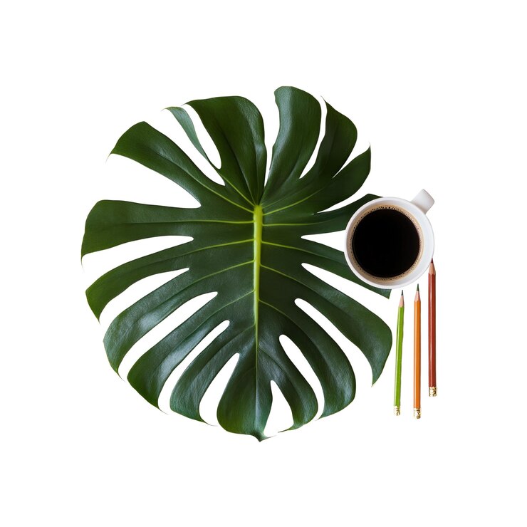 PSD kaffeepause mit tropischen blättern und farbigen bleistiften