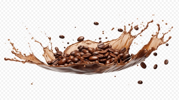 Kaffeespritz mit Kaffeebohnen, die auf durchsichtigem Hintergrund isoliert sind