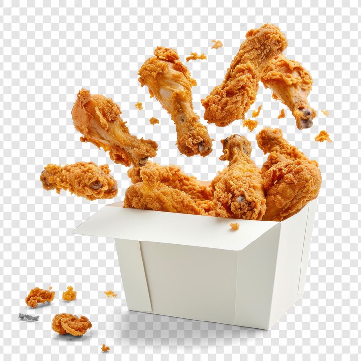 Kaki ayam goreng melayang jatuh ke dalam kotak kertas putih terisolasi pada latar belakang transparansi PSD