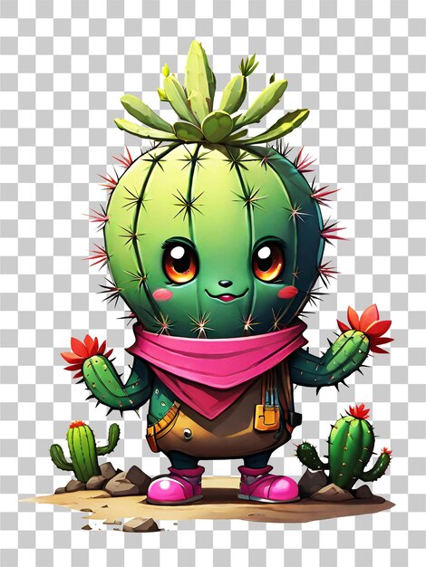 PSD kaktus-cartoon-figur mit blumenillustration auf transparentem hintergrund