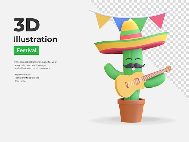 PSD kaktus spielt gitarre 3d-illustration rendern