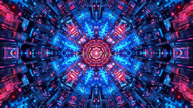 Kaleidoscopio fractal simétrico de neón azul y rojo