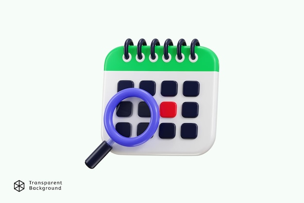 Kalender mit gekennzeichnetem Datum und Uhrzeit für Erinnerungstag Kalender mit Vergrößerungsglas für Zeitplan 3D-Symbol