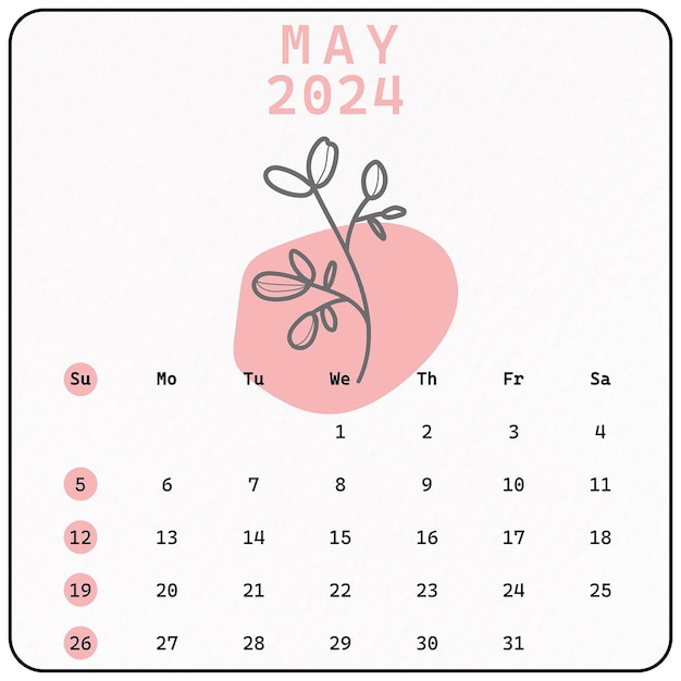 PSD kalender von 2024 mit minimalistischen handgezeichneten botanischen blumenornamenten