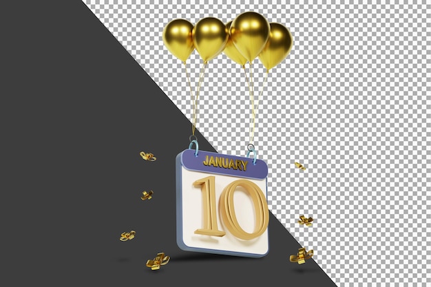 Kalendermonat 10. januar mit goldenen ballons 3d-rendering isoliert