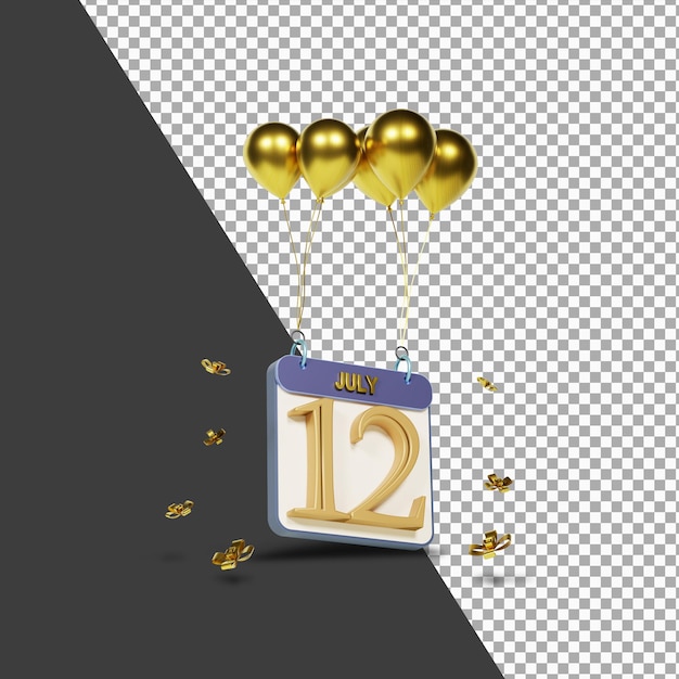 Kalendermonat 12. juni mit goldenen ballons 3d-rendering isoliert