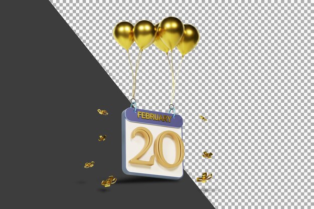 Kalendermonat 20. februar mit goldenen ballons 3d-rendering isoliert